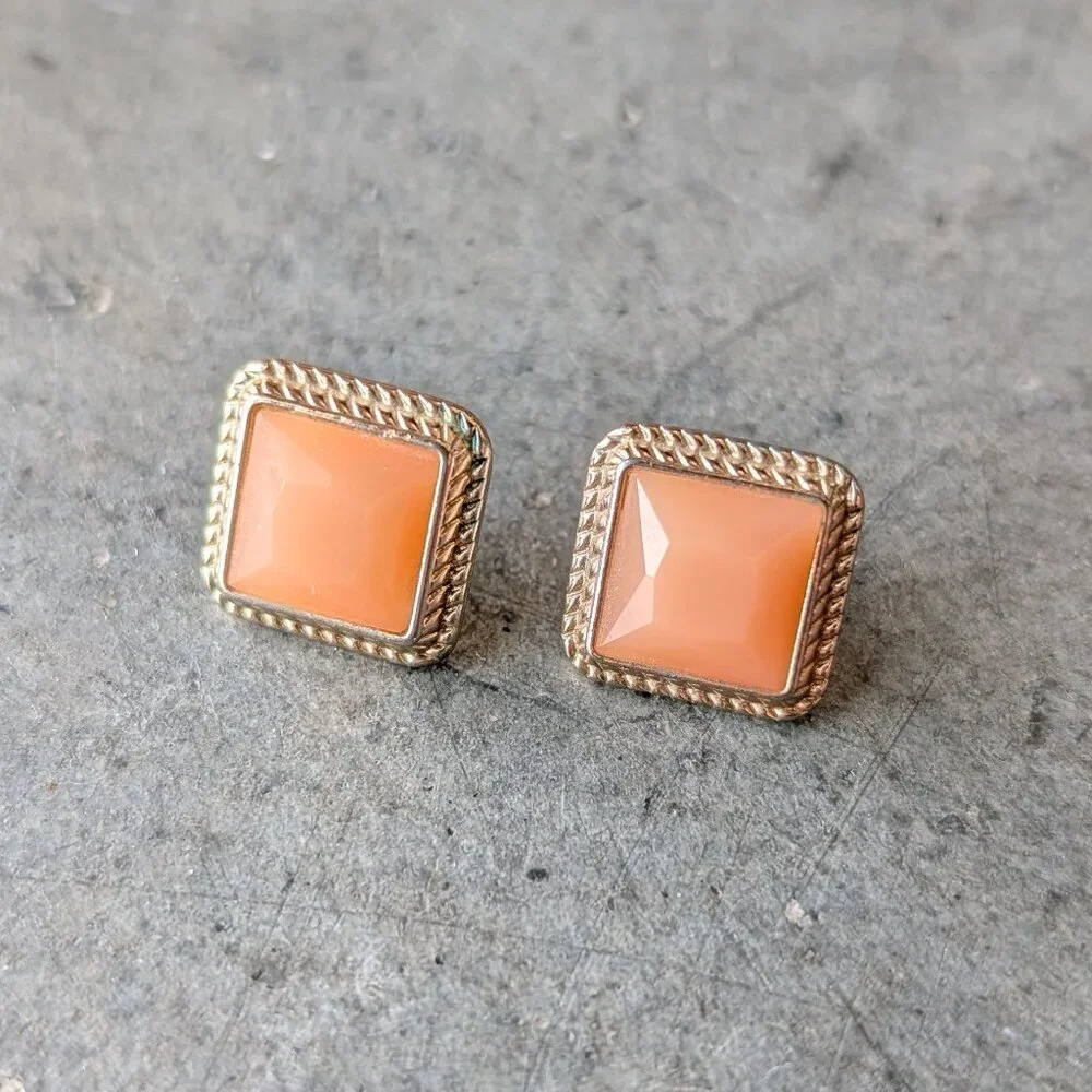 Set of Three Coral, Teal, Leaf Gold Post Earrings